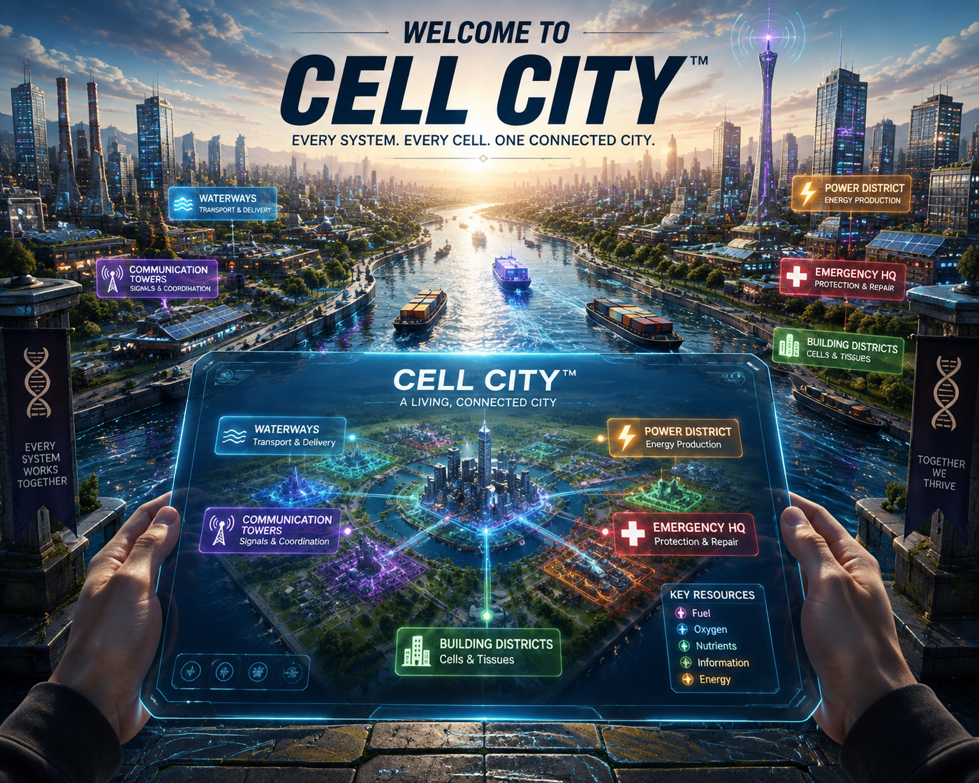 Cell City as one connected city, with waterways, power, communication, emergency, and building districts.